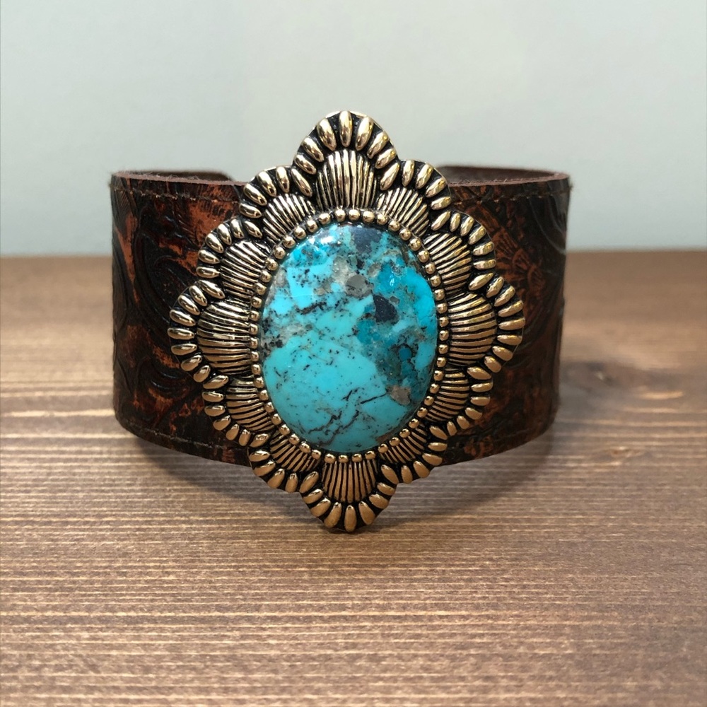 Barse Tooled Leather Cuff Bronze Turquoise